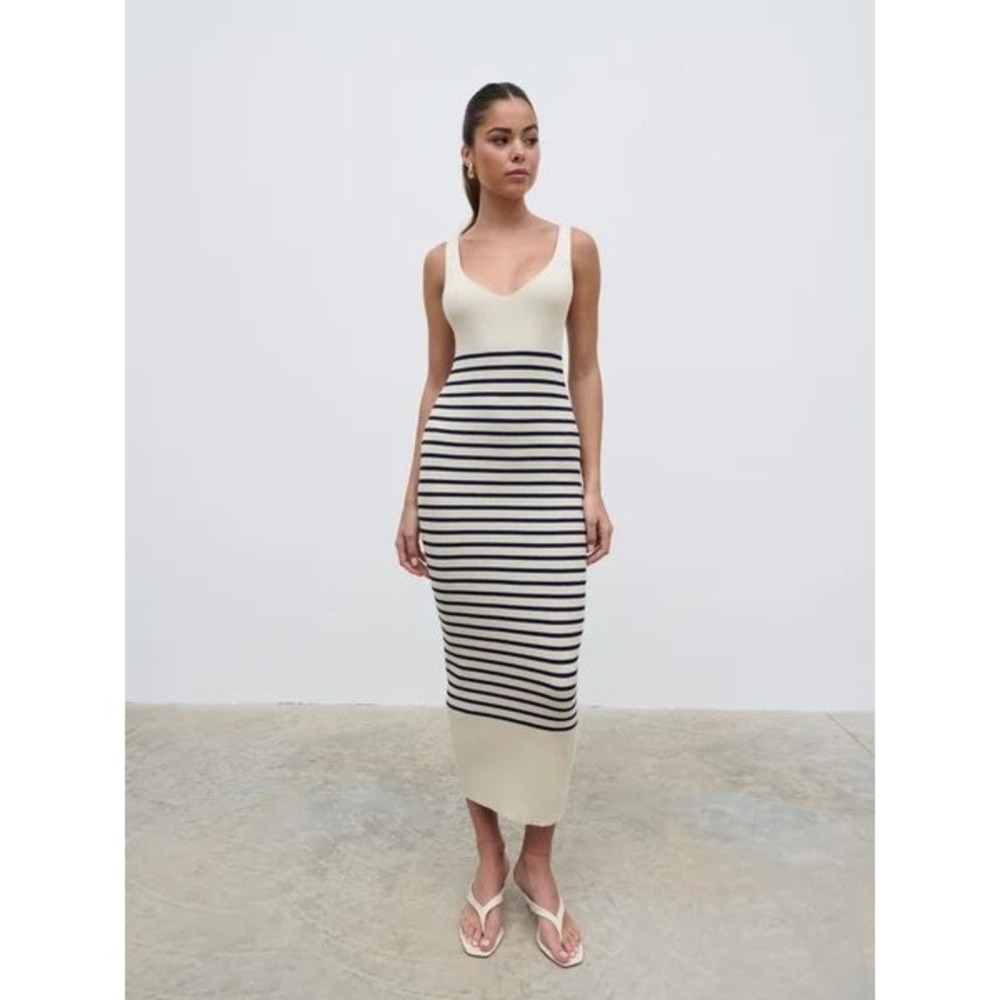 Pretty Lavish Maria Stripe Knit Midaxi Dress Cream Navy Ribbed Sleeveless XL